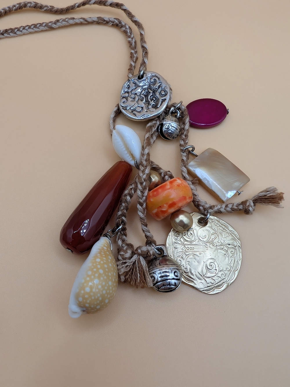 J. Jill Boho Charm Necklace Shells Coin Stones Braided Adjustable Cord NWT